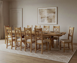 Extending Olympia 180cm Solid Oak Dining Table with 10 Linen Natural Solid Oak Chairs