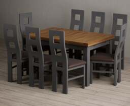 Extending Buxton 140cm Oak and Charcoal Grey Dining Table with 8 Brown Painted Chairs