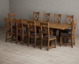 Extending Buxton 180cm Rustic Solid Oak Dining Table with 10 Brown Rustic Solid Oak Chairs