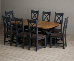 Extending Olympia 180cm Oak and Dark Blue Dining Table with 8 Brown Painted Chairs