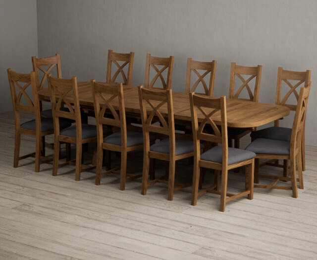 Extending Olympia 180cm Rustic Solid Oak Dining Table with 12 Charcoal Grey Rustic Solid Oak Chairs