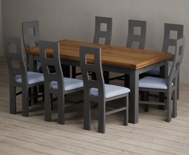 Extending Buxton 180cm Oak and Charcoal Grey Dining Table with 8 Blue Painted Chairs