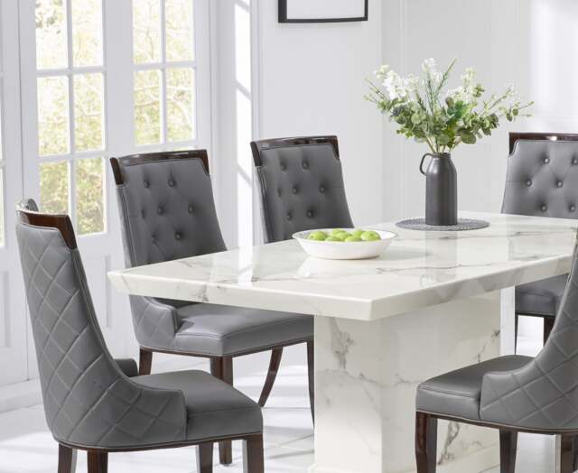 Carvelle 160cm White Pedestal Marble Dining Table with 4 Grey Francesca Chairs