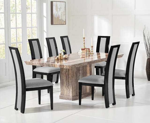 Carvelle 200cm Brown Pedestal Marble Dining Table with 8 Black Novara Chairs
