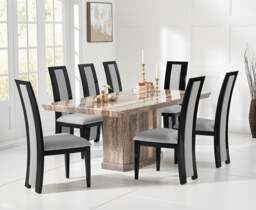 Carvelle 200cm Brown Pedestal Marble Dining Table with 8 Black Novara Chairs
