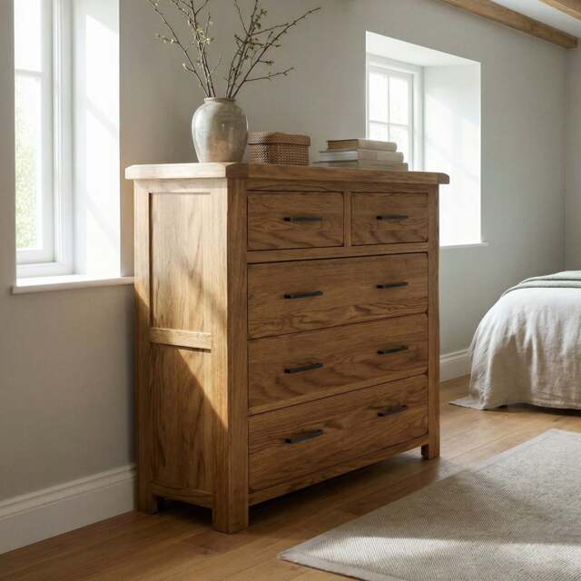 Rustic Solid Oak 2 Over 3 Chest of Drawers - 5 Dovetail Drawers