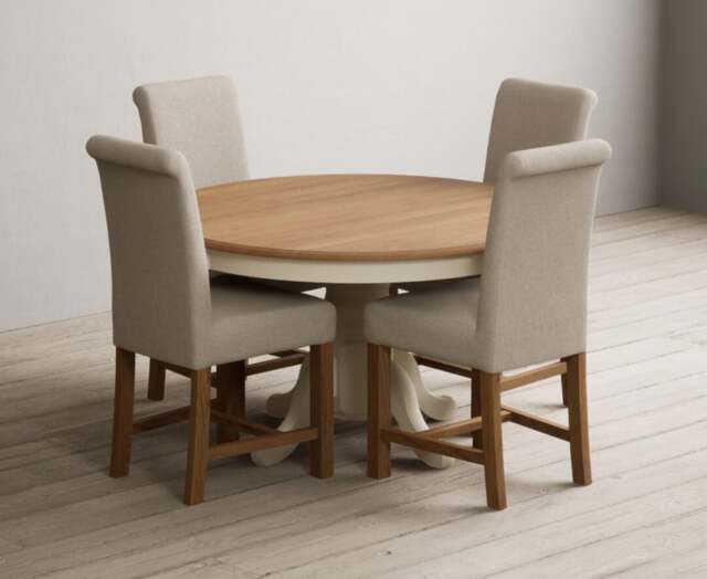 Hertford 120cm Fixed Top Oak and Cream Painted Dining Table with 4 Natural Braced Chairs