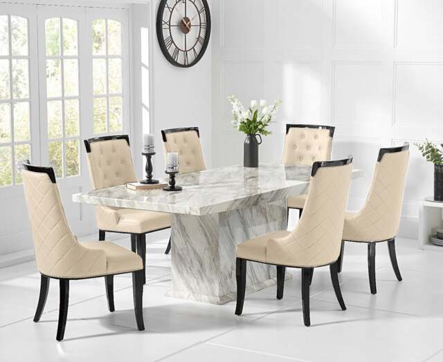 Marino 180cm Marble Dining Table with 6 Cream Francesca Chairs
