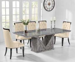 Milan 220cm Grey Marble Dining Table with 6 Cream Francesca Chairs