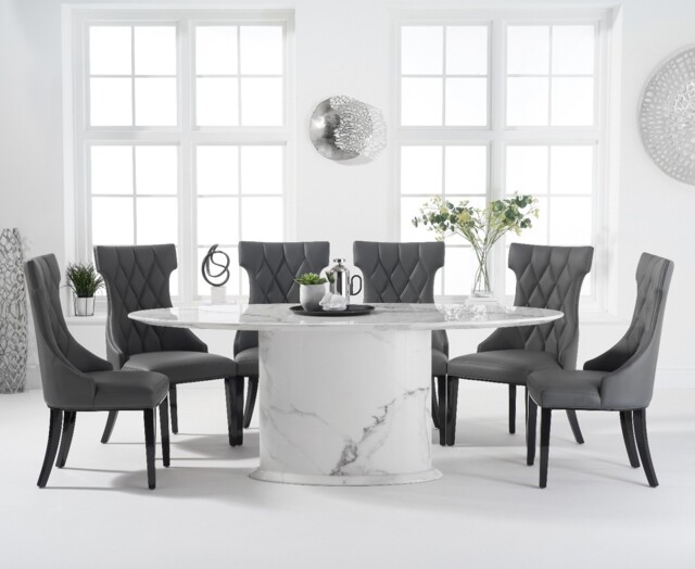 Colby 200cm Oval White Marble Dining Table with 6 Grey Sophia Chairs