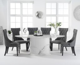 Colby 200cm Oval White Marble Dining Table with 6 Grey Sophia Chairs