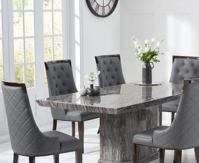 Carvelle 200cm Dark Grey Pedestal Marble Dining Table with 12 Grey Francesca Chairs