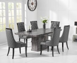 Carvelle 200cm Grey Pedestal Marble Dining Table with 12 Grey Francesca Chairs