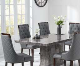 Carvelle 200cm Dark Grey Pedestal Marble Dining Table with 12 Grey Francesca Chairs