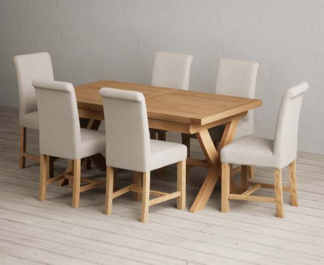 Extending Buckley 160cm Solid Oak Dining Table with 6 Natural Braced Chairs