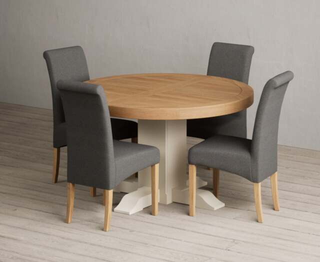 Extending Helmsley Oak and Cream Painted Pedestal Dining Table with 4 Charcoal Grey Scroll Back Chairs