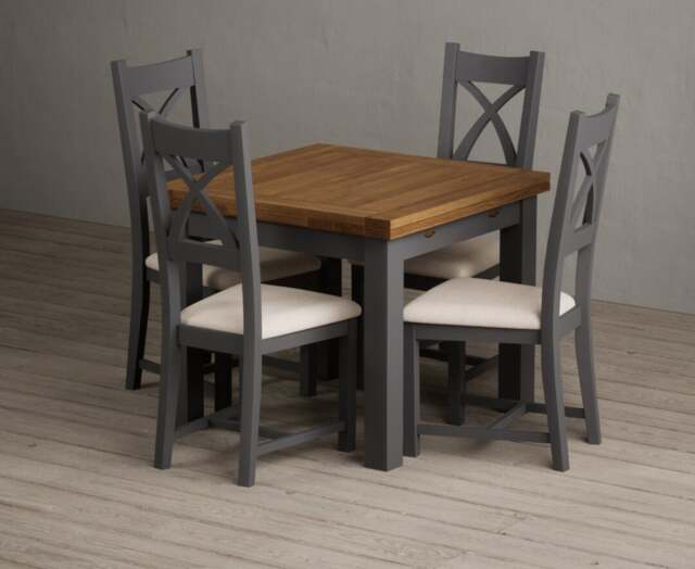 Extending Buxton 90cm Oak and Charcoal Grey Dining Table with 4 Linen Painted Chairs
