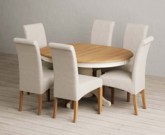 Extending Hertford 100cm - 130cm Oak and Cream Painted Pedestal Dining Table with 4 Natural Scroll Back Chairs