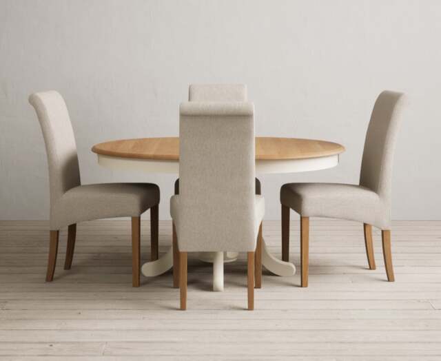 Extending Hertford 100cm - 130cm Oak and Cream Painted Pedestal Dining Table with 4 Natural Scroll Back Chairs