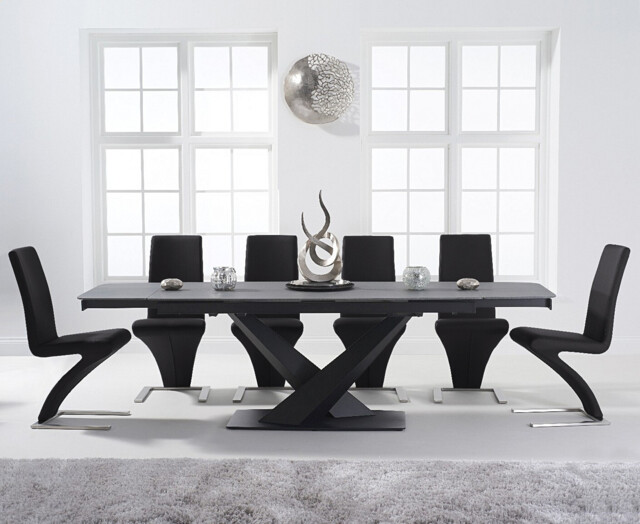 Extending Jacob 180cm Grey Stone Table with 10 Black Aldo Chairs