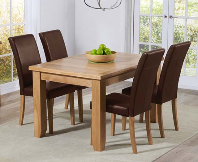 Extending Yateley 130cm Solid Oak Dining Table with 4 Brown Olivia Chairs