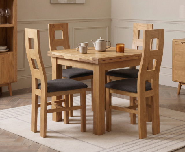 Extending Buxton 90cm Solid Oak Dining Table with 4 Charcoal Grey Natural Chairs