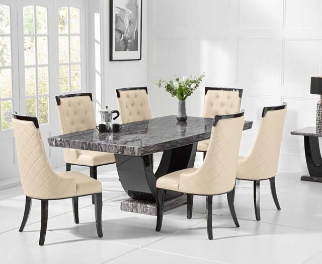 Novara 200cm Dark Grey Pedestal Marble Dining Table with 12 Cream Francesca Chairs