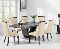 Novara 200cm Dark Grey Pedestal Marble Dining Table with 12 Cream Francesca Chairs