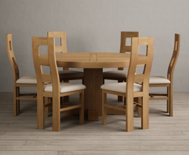 Helmsley 150cm Solid Oak Round Pedestal Dining Table with 6 Linen Natural Chairs