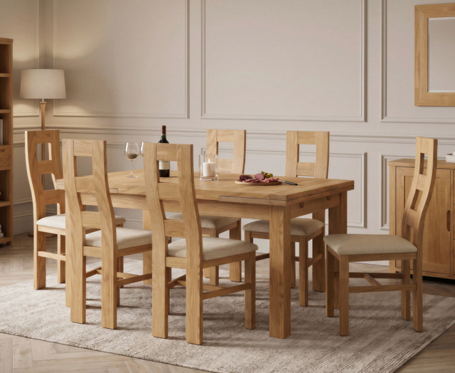 Extending Buxton 140cm Solid Oak Dining Table with 6 Linen Natural Chairs