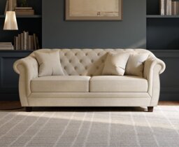 Eva Chesterfield Ivory Linen Fabric Three-Seater Sofa