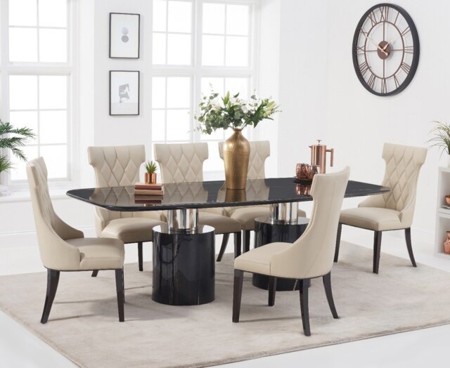 Antonio 220cm Black Marble Dining Table with 6 Cream Sophia Chairs