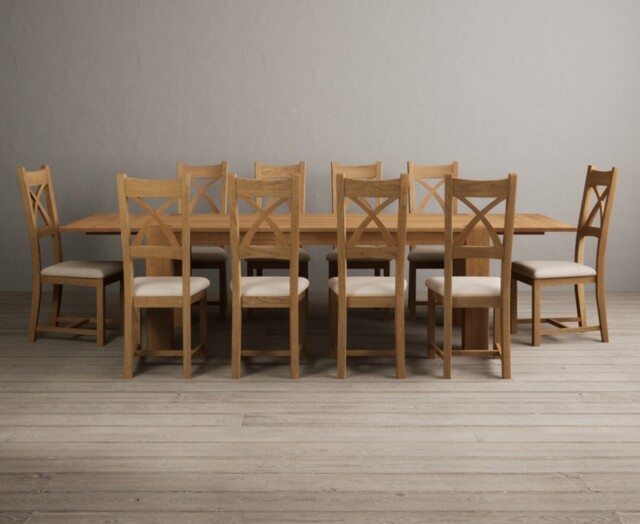 Extending Sheringham 200cm Solid Oak Table with 10 Linen Natural Solid Oak Chairs