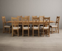 Extending Sheringham 200cm Solid Oak Table with 10 Linen Natural Solid Oak Chairs
