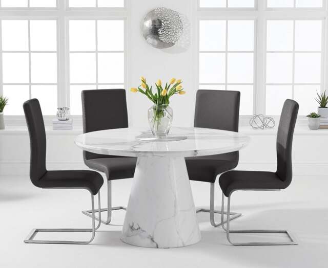 Ravello 130cm Round White Marble Dining Table with 4 Black Austin Chairs