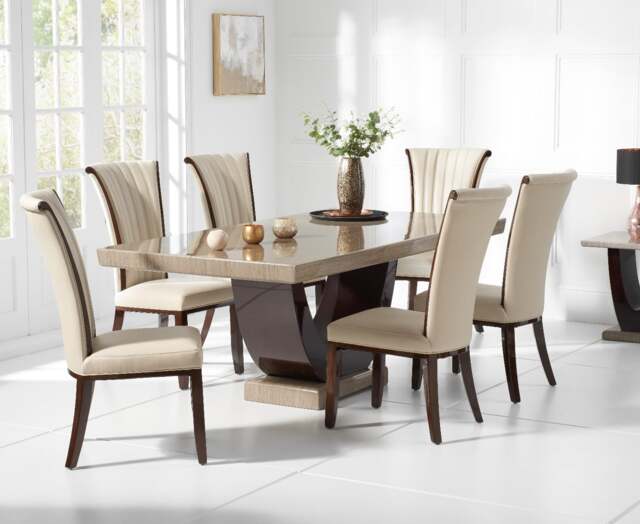Novara 170cm Brown Pedestal Marble Dining Table with 6 Cream Lorient Chairs