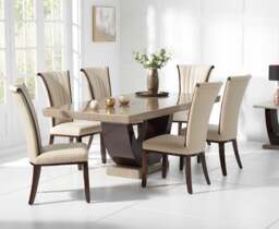 Novara 170cm Brown Pedestal Marble Dining Table with 6 Cream Lorient Chairs