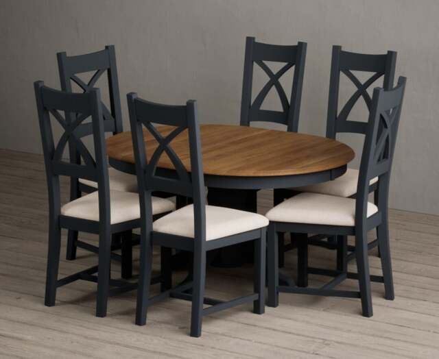 Extending Hertford 100cm - 130cm Oak and Dark Blue Painted Pedestal Dining Table with 4 Rustic Oak Painted Chairs