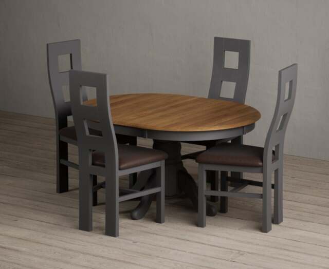 Extending Hertford 100cm - 130cm Oak and Charcoal Grey Painted Pedestal Dining Table with 4 Brown Painted Chairs