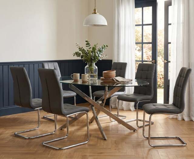 Bernini 165cm Oval Chrome Leg Glass Dining Table with 6 Grey Vigo Chairs