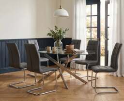 Bernini 165cm Oval Chrome Leg Glass Dining Table with 6 Grey Vigo Chairs
