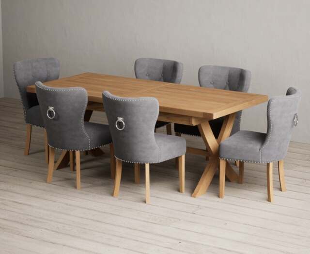 Extending Buckley 200cm Solid Oak Dining Table with 6 Grey Keswick Chairs