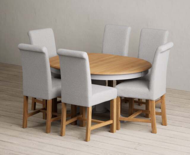 Extending Hertford 100cm - 130cm Oak and Light Grey Painted Pedestal Dining Table with 4 Grey Braced Chairs