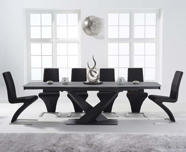 Extending Jacob 180cm Grey Stone Table with 6 Black Aldo Chairs