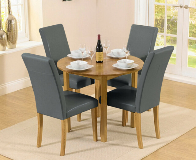 York 90cm Solid Oak Drop Leaf Extending Dining Table with 2 Grey Olivia Chairs