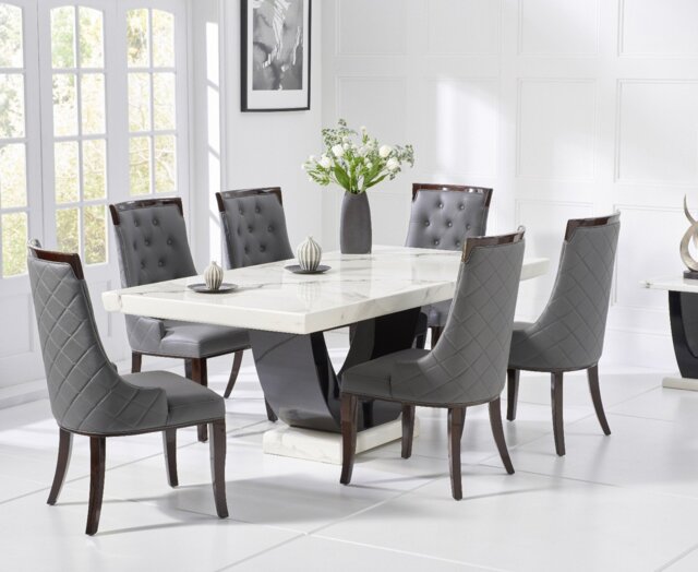 Novara 200cm White and Black Pedestal Marble Dining Table with 6 Grey Francesca Chairs