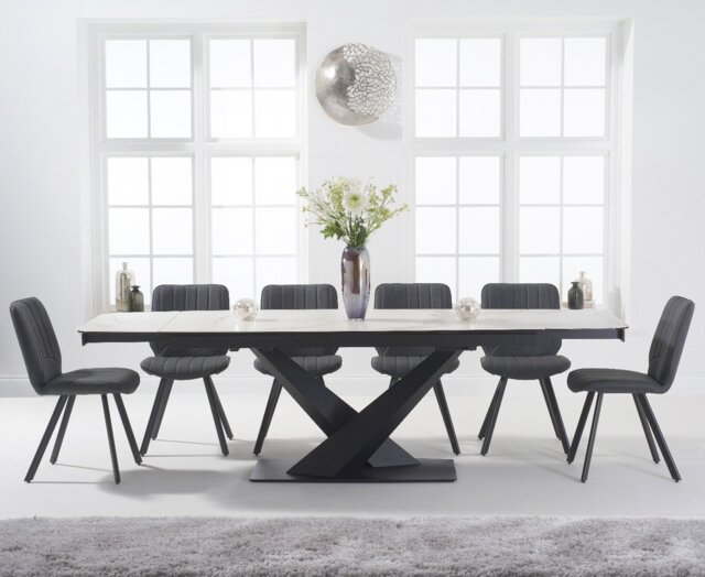 Extending Jacob 180cm White Ceramic Dining Table with 10 Grey Hendrick Chairs