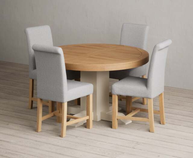 Extending Helmsley Oak and Cream Painted Pedestal Dining Table with 4 Charcoal Grey Braced Chairs