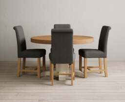 Extending Helmsley Oak and Cream Painted Pedestal Dining Table with 4 Charcoal Grey Braced Chairs