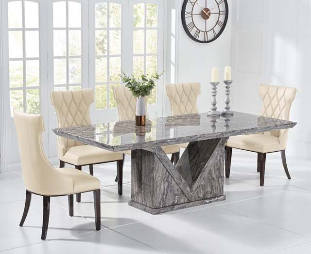 Milan 180cm Grey Marble Dining Table with 6 Cream Sophia Chairs
